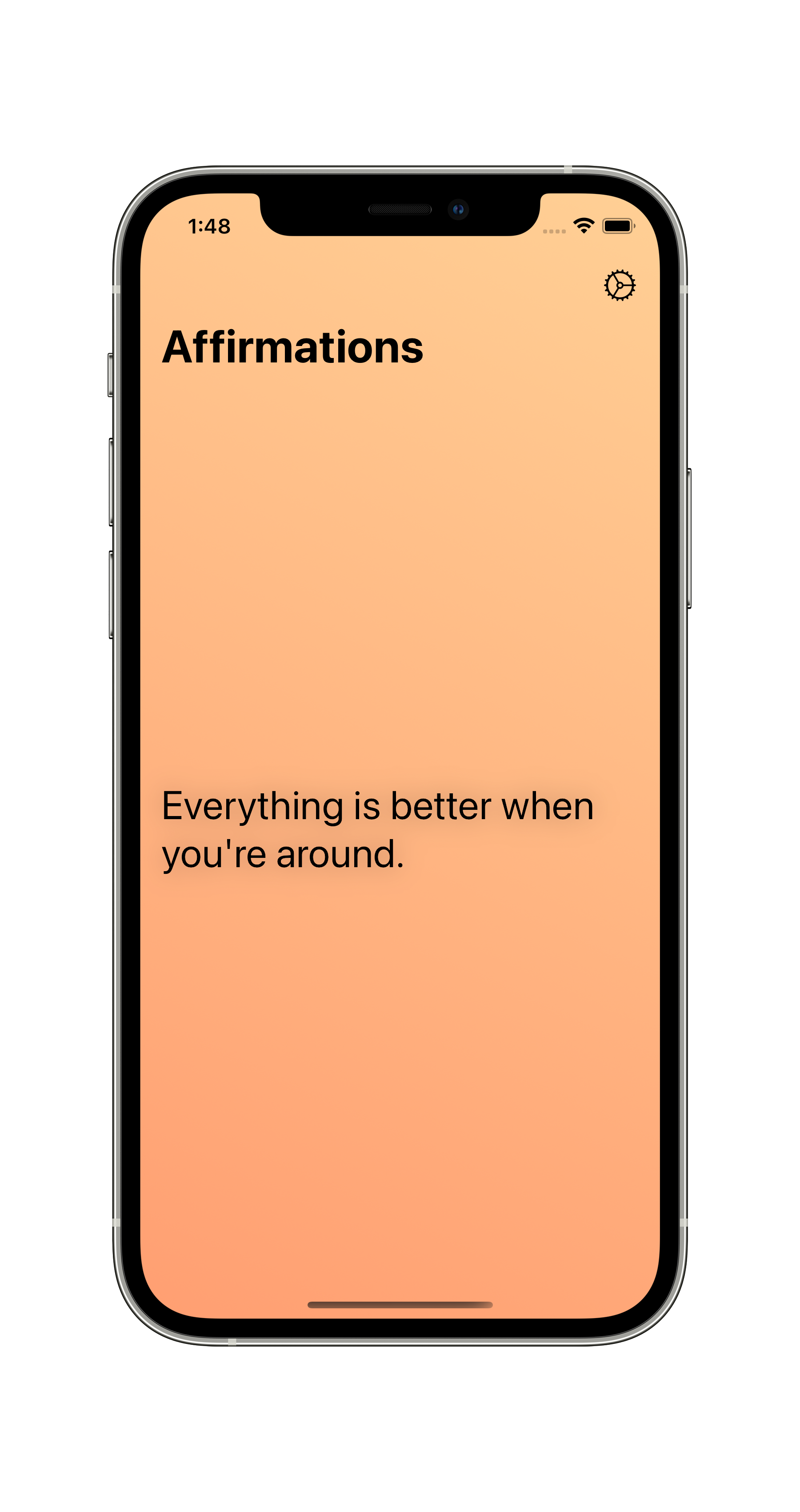 The main view of the app. It's a light orange background, and has the text \