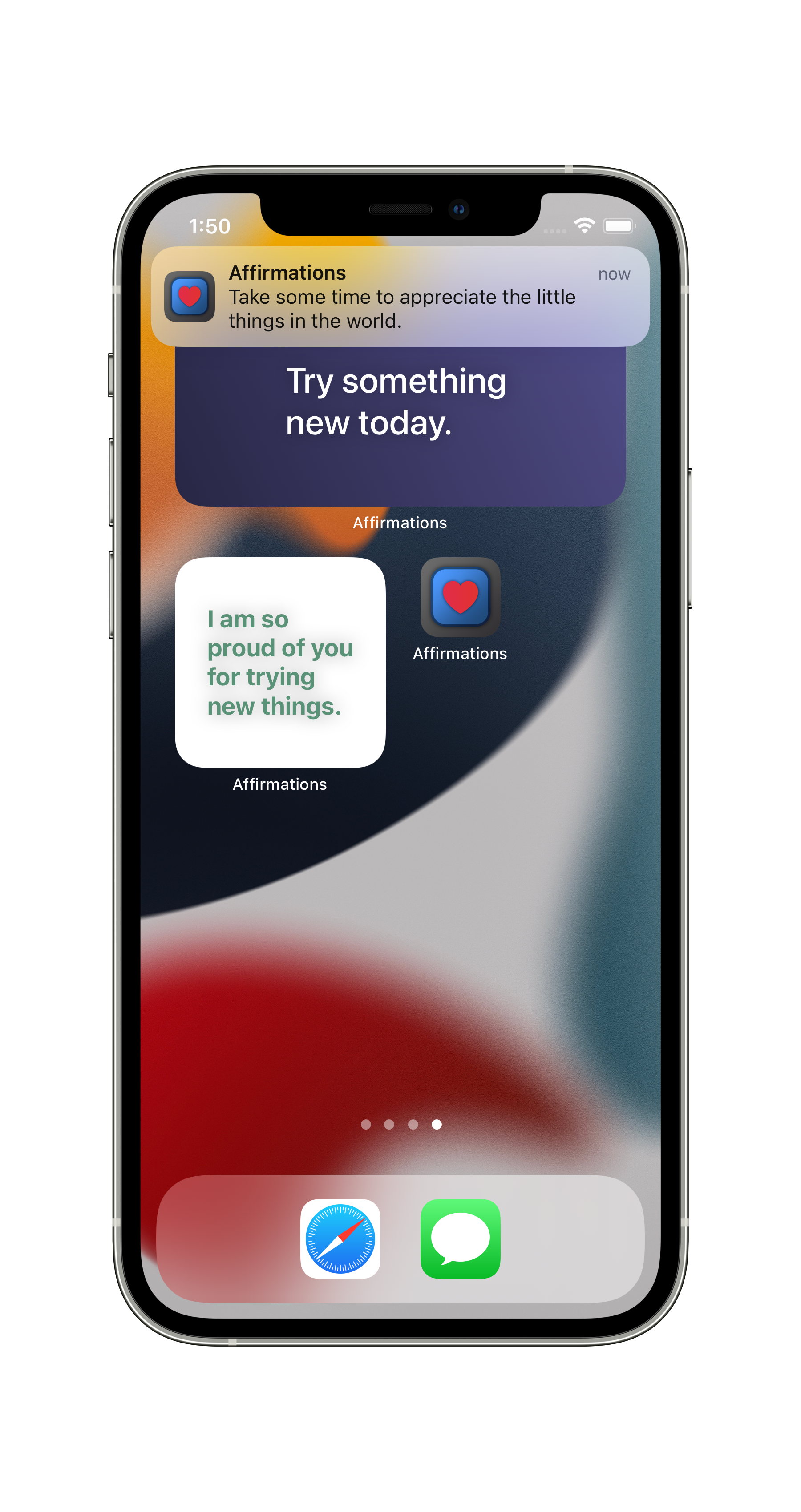 A screenshot of an iPhone home screen, with two of Affirmations' widgets, its app icon, and a notification.
